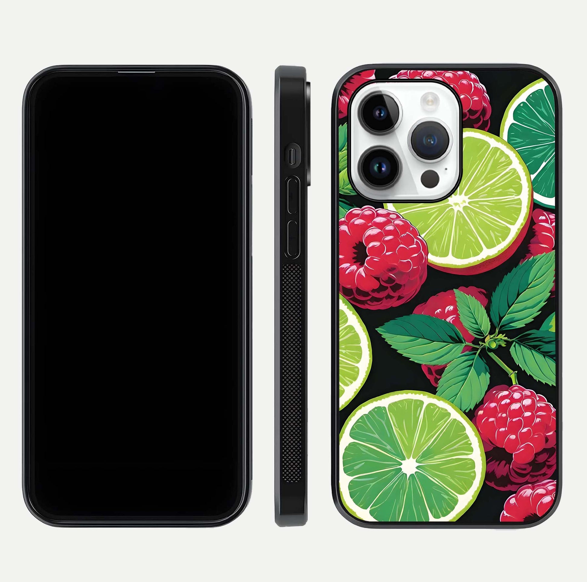 Lime and Raspberry Pattern Glass Case for iPhone 14 Pro front & back layout highlighting fresh summer tones