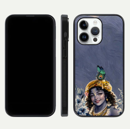 Lord Krishna Glass Case for iPhone 14 Pro front & back layout displaying soft tones and elegant edges