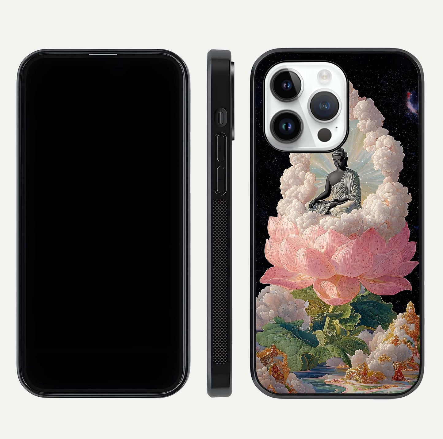 Lotus Divine Peace Glass Case for iPhone 14 Pro front & back layout highlighting soft pink hues and curved edges