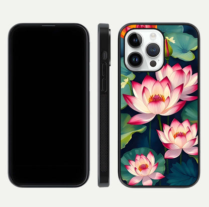 Lotus Dream Serenity Glass Case for iPhone 14 Pro front & back layout with elegant finish and edge curve