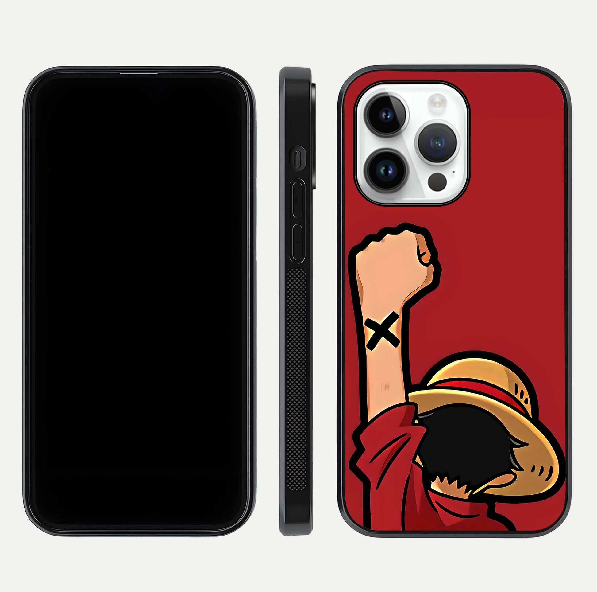 Luffy X Spirit Glass Case for iPhone 14 Pro front & back layout displaying anime theme and curved edges