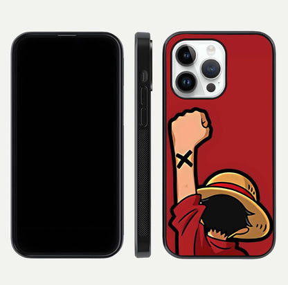 Luffy X Spirit Glass Case for iPhone 14 Pro front & back layout displaying anime theme and curved edges