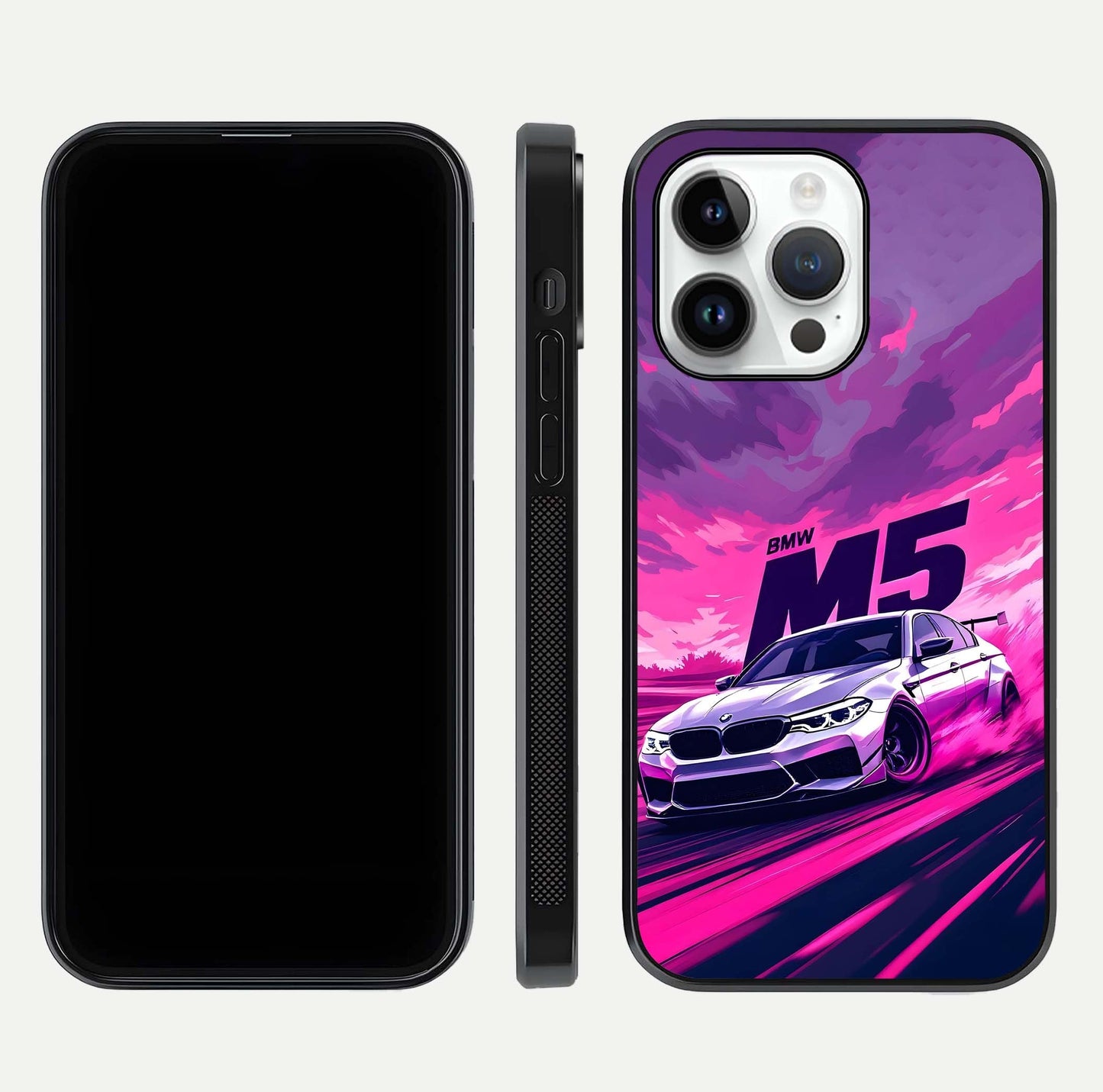 MS Neon Car Glass Case for iPhone 14 Pro front & back layout highlighting automotive art and curved design