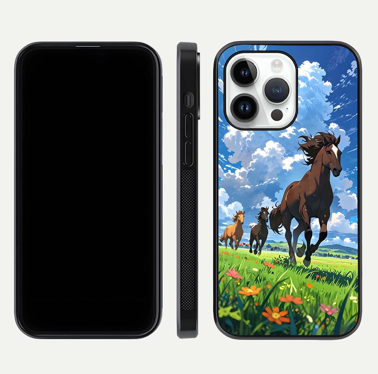 Majestic Horses Galloping Glass Case for iPhone 14 Pro front & back layout highlighting dynamic design and edges