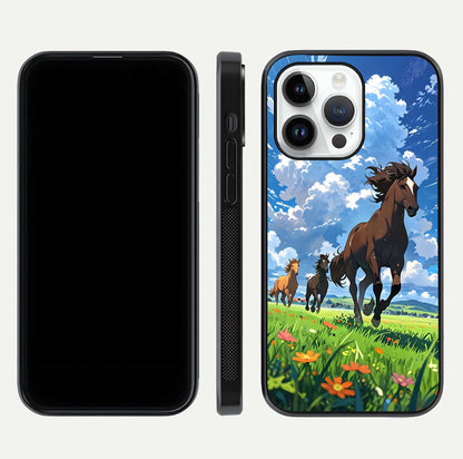 Majestic Horses Galloping Glass Case for iPhone 14 Pro front & back layout highlighting dynamic design and edges