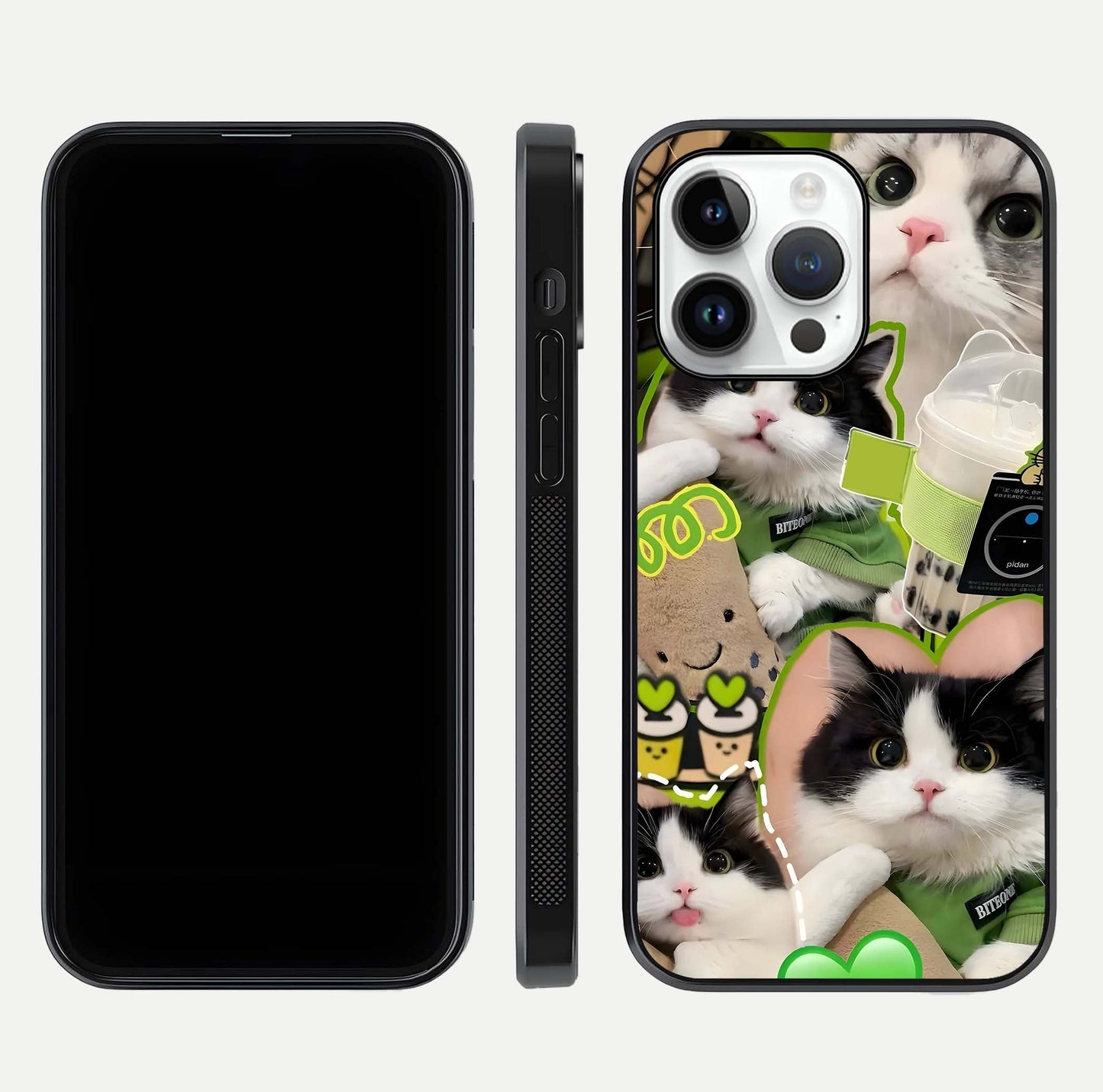 Matcha Cats Mood Glass Case for iPhone 14 Pro front & back layout highlighting cute theme and smooth edges