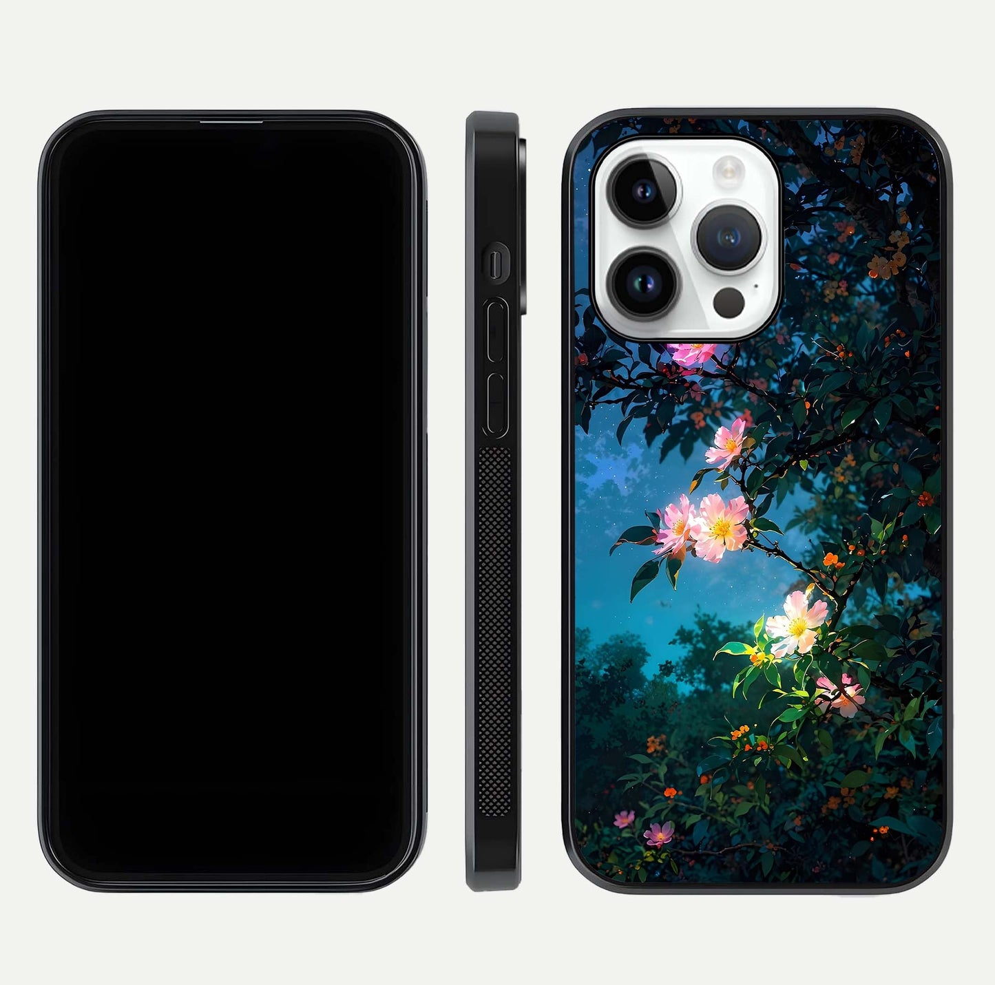 Midnight Bloom Glow Glass Case for iPhone 14 Pro front & back layout highlighting moody tones and smooth finish