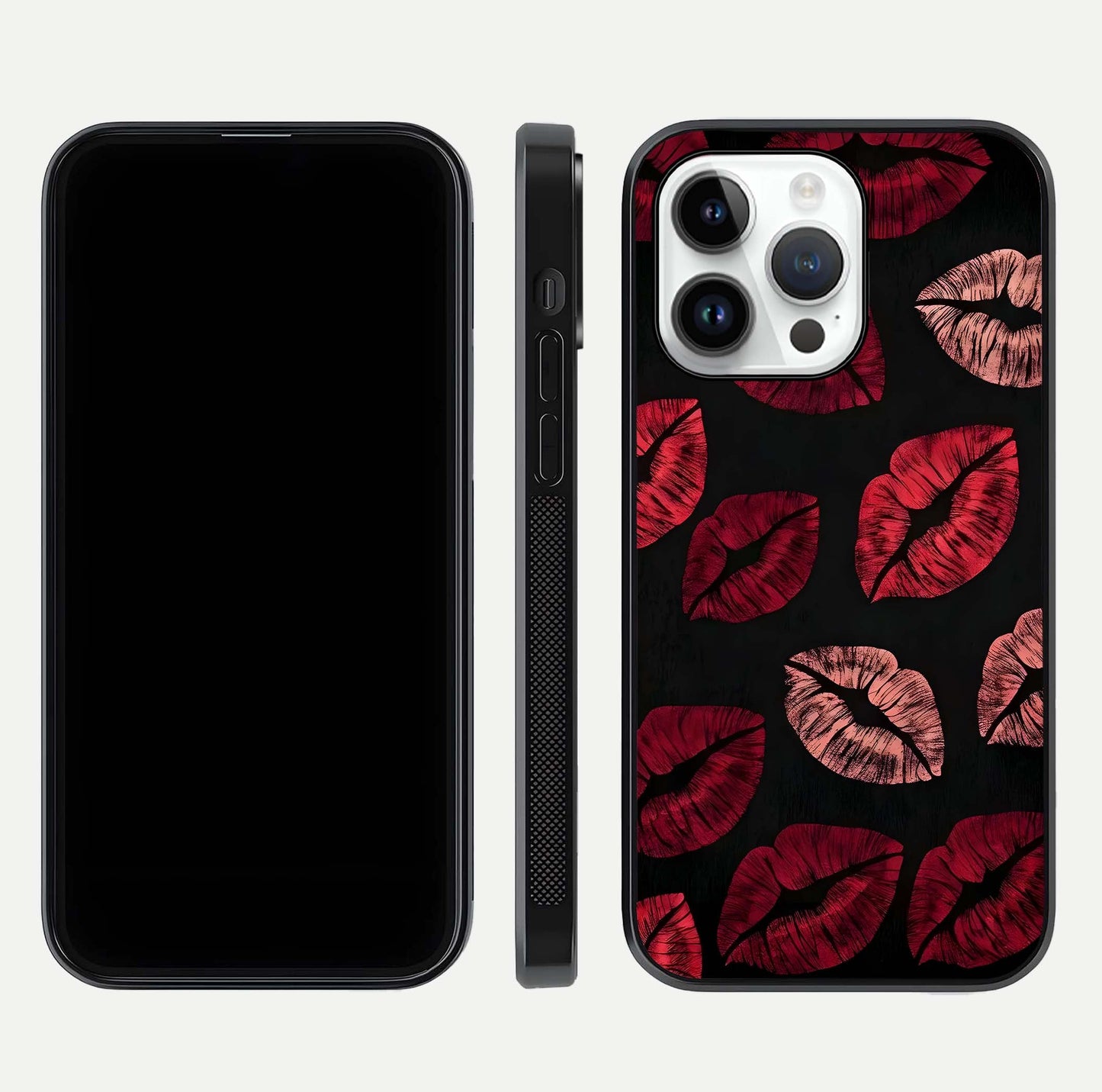 Midnight Kiss Love Glass Case for iPhone 14 Pro front & back view layout showing romantic theme and smooth curves
