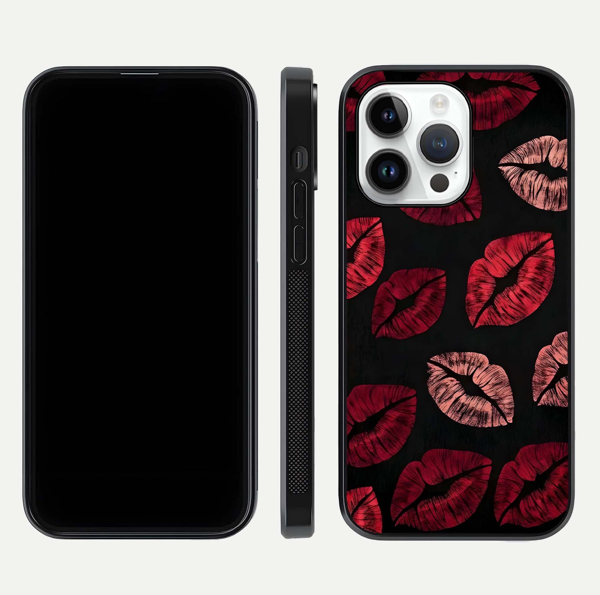 Midnight Kiss Love Glass Case for iPhone 14 Pro front & back view layout showing romantic theme and smooth curves