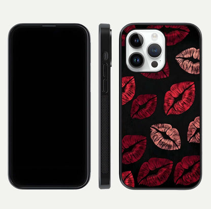 Midnight Kiss Love Glass Case for iPhone 14 Pro front & back view layout showing romantic theme and smooth curves