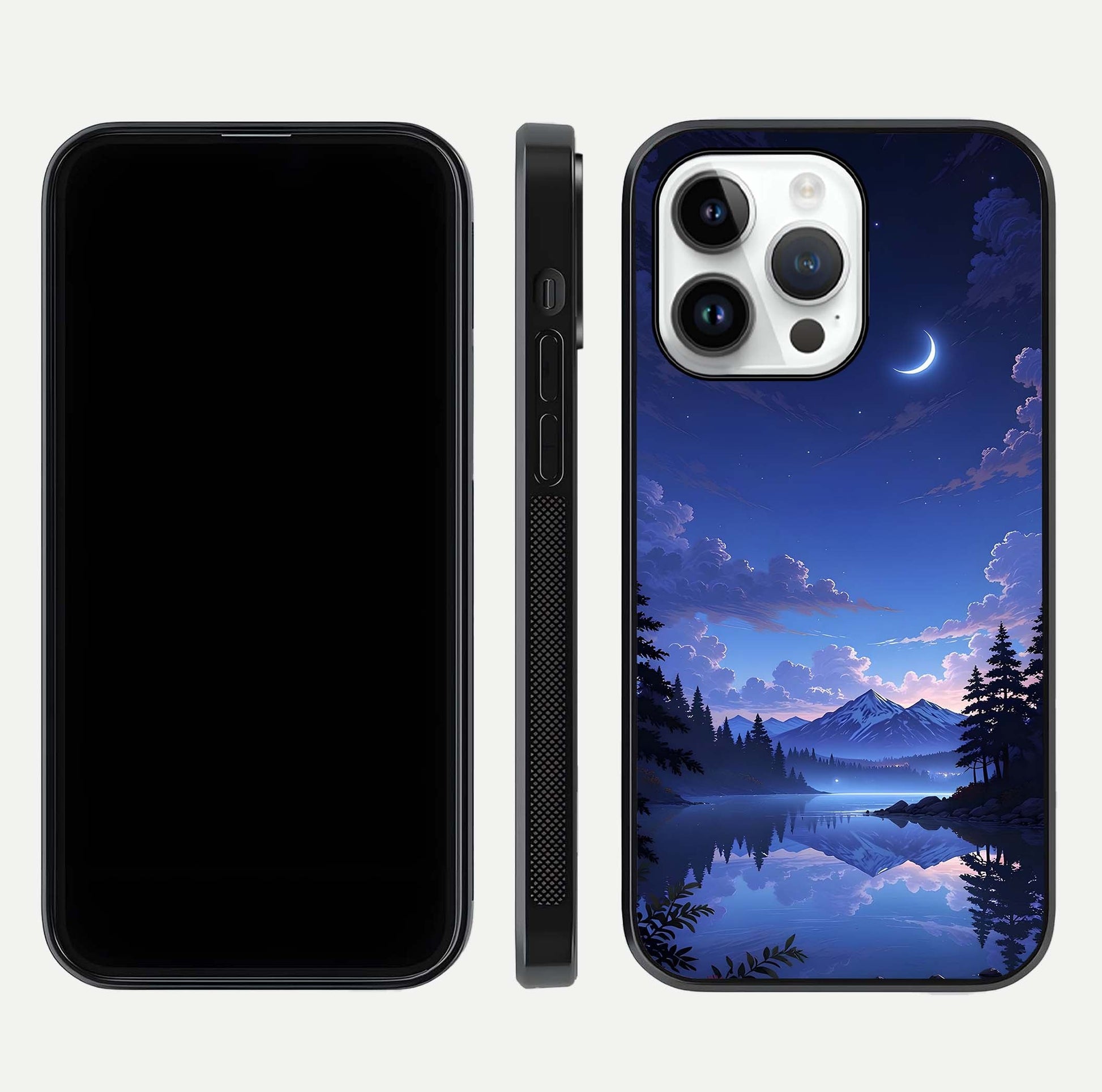 Midnight Lake Peace Glass Case for iPhone 14 Pro front & back layout highlighting calm design and curved edges