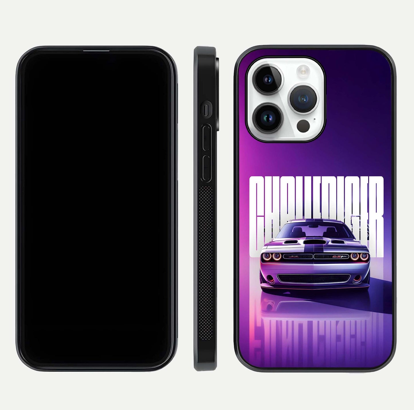 Midnight Muscle Ride Glass Case for iPhone 14 Pro front & back layout with dark automotive tones and edges