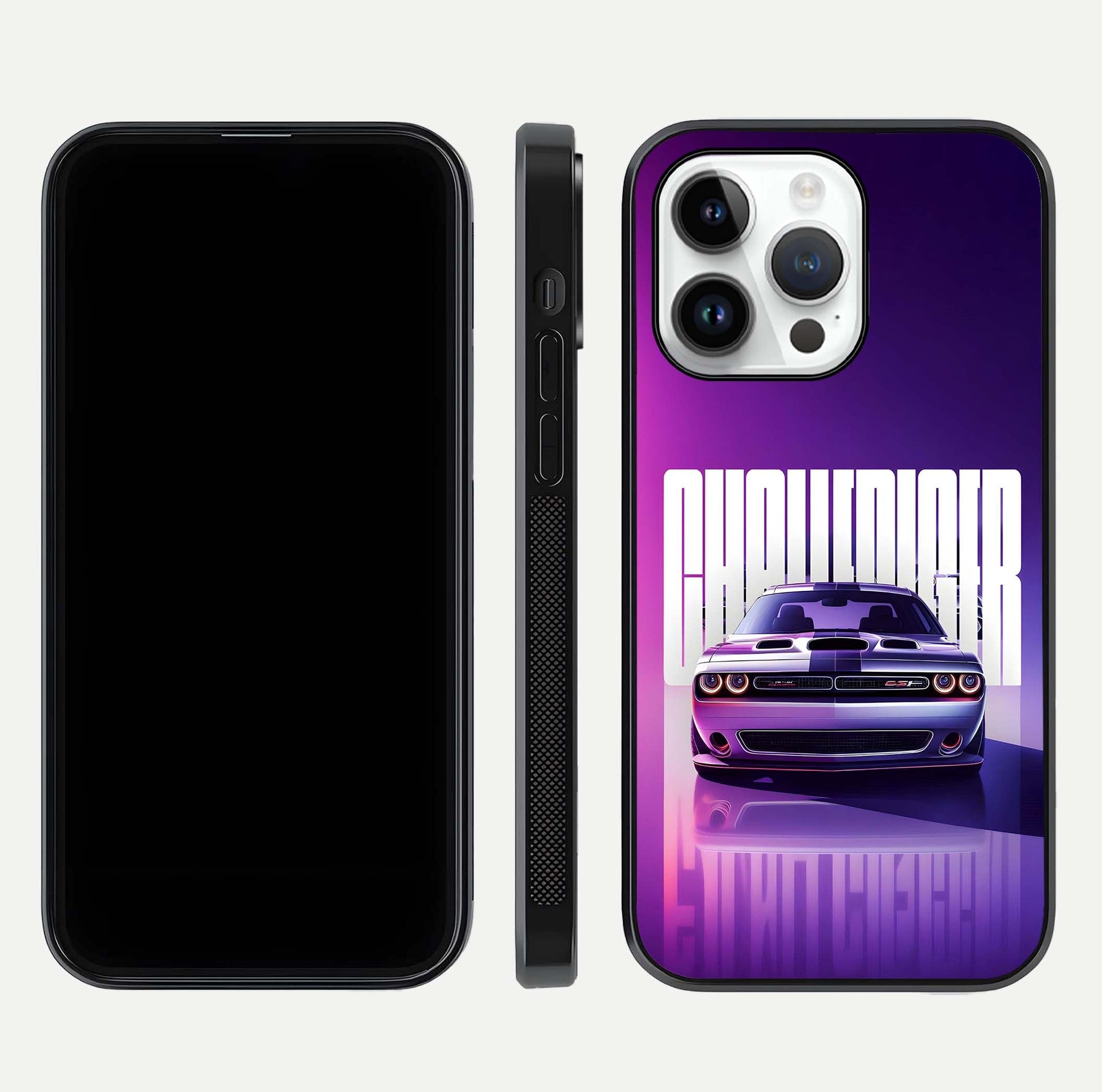 Midnight Muscle Ride Glass Case for iPhone 14 Pro front & back layout with dark automotive tones and edges