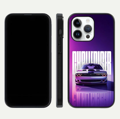 Midnight Muscle Ride Glass Case for iPhone 14 Pro front & back layout with dark automotive tones and edges