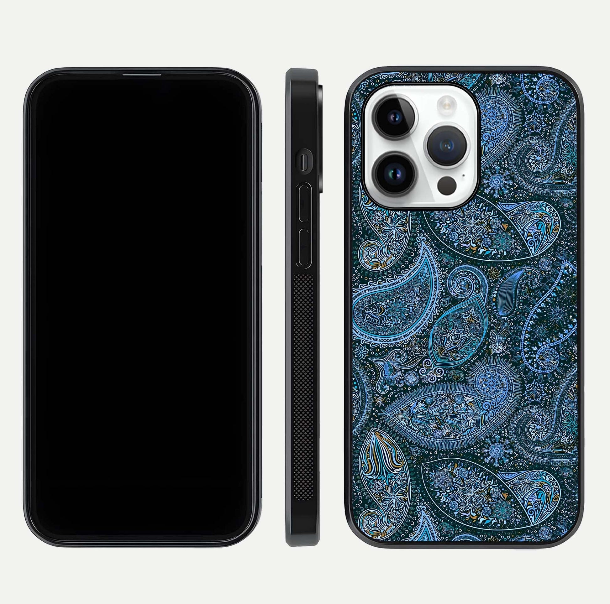 Midnight Paisley Glow Glass Case for iPhone 14 Pro front & back layout highlighting elegant edge finish