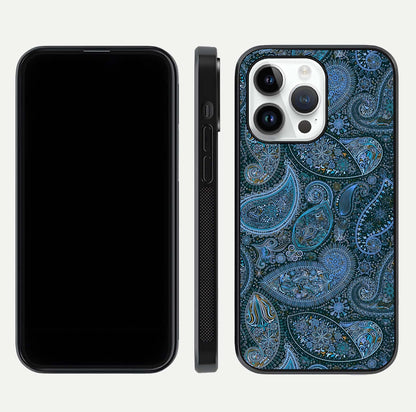 Midnight Paisley Glow Glass Case for iPhone 14 Pro front & back layout highlighting elegant edge finish