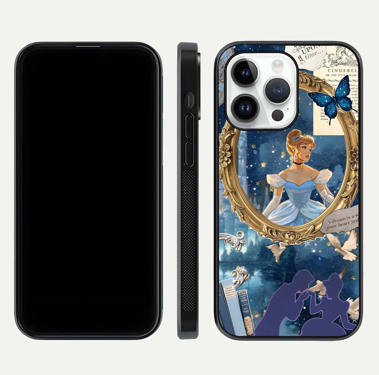 Midnight Queen Glass Case for iPhone 14 Pro front & back layout displaying regal tones and smooth edges