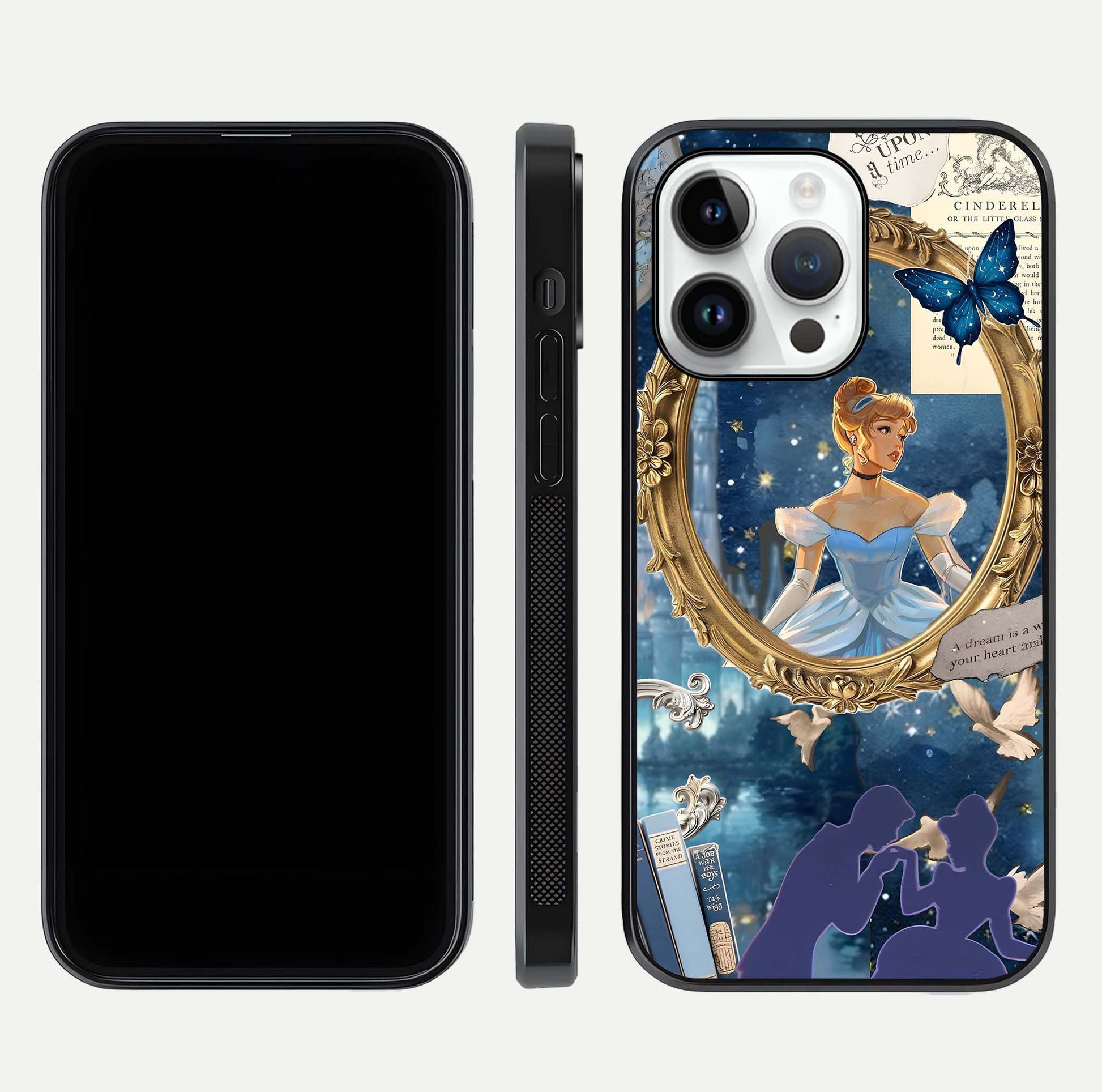 Midnight Queen Glass Case for iPhone 14 Pro front & back layout displaying regal tones and smooth edges