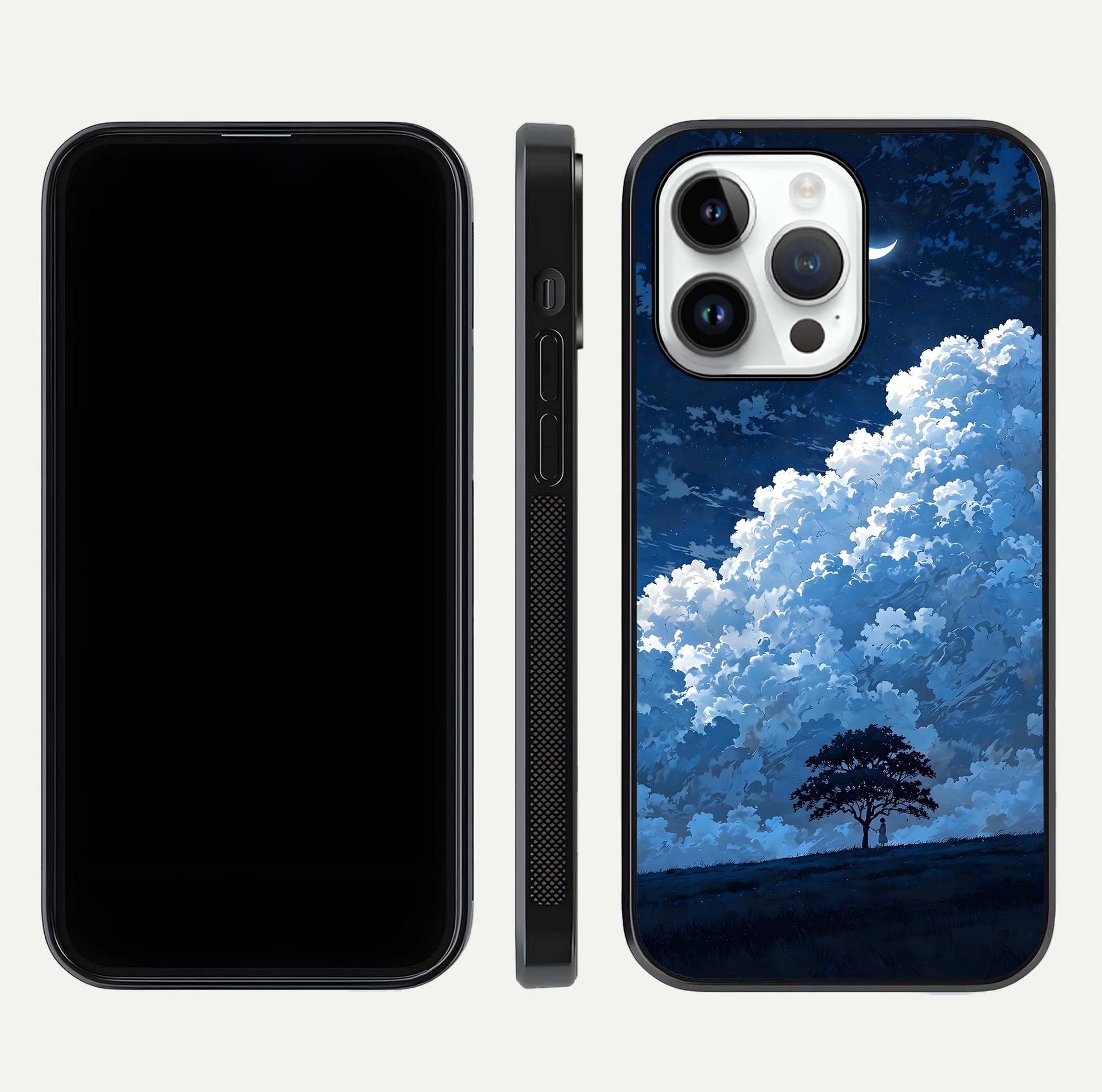 Midnight Sky Serenity Glass Case for iPhone 14 Pro front & back layout highlighting celestial art and curves
