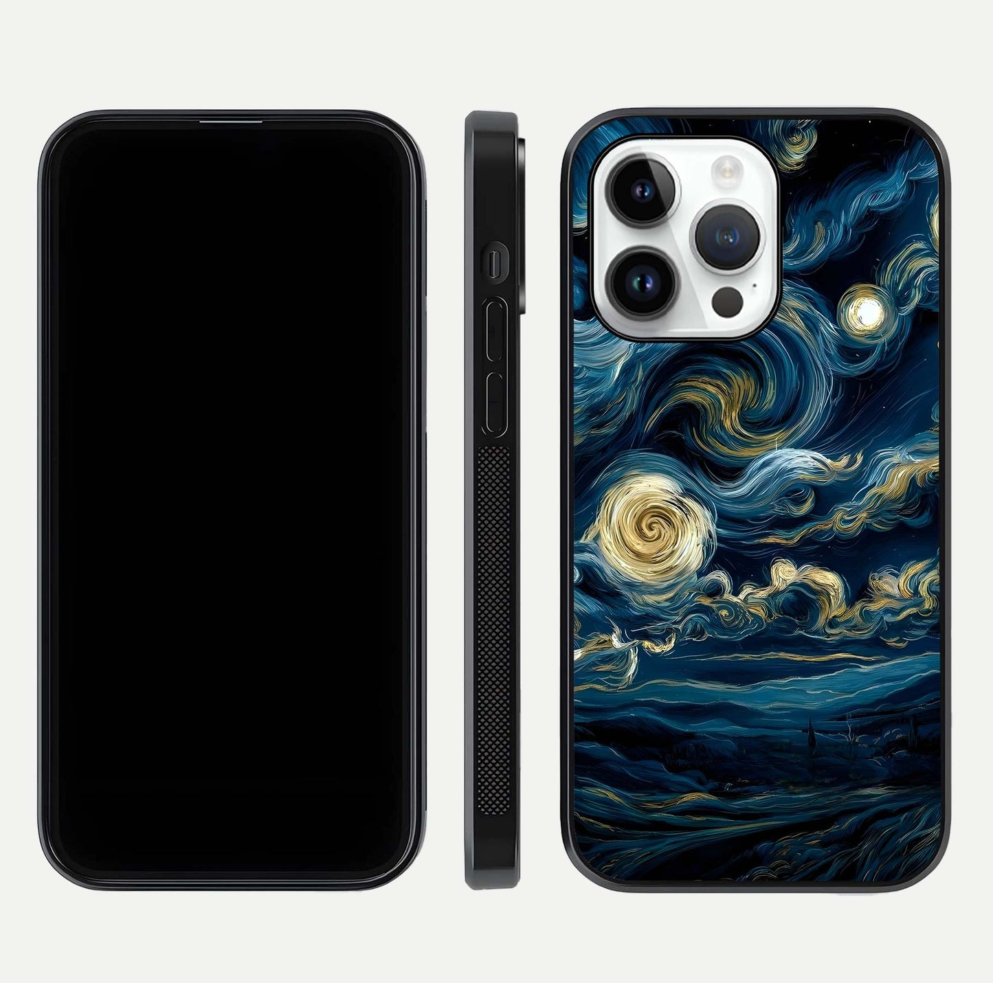 Midnight Sky Whirl Glass Case for iPhone 14 Pro front & back layout highlighting celestial movement art