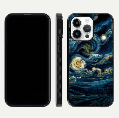 Midnight Sky Whirl Glass Case for iPhone 14 Pro front & back layout highlighting celestial movement art