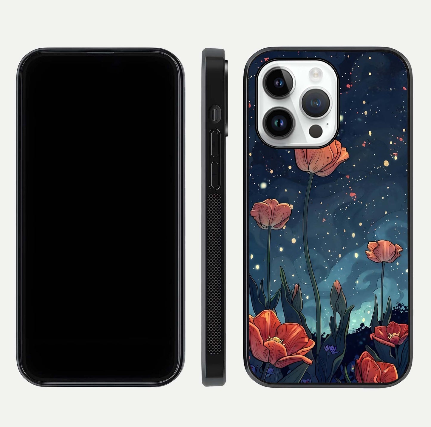 Midnight Tulip Glow Glass Case for iPhone 14 Pro front & back layout highlighting floral glow and curved edges