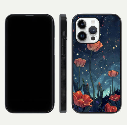 Midnight Tulip Glow Glass Case for iPhone 14 Pro front & back layout highlighting floral glow and curved edges