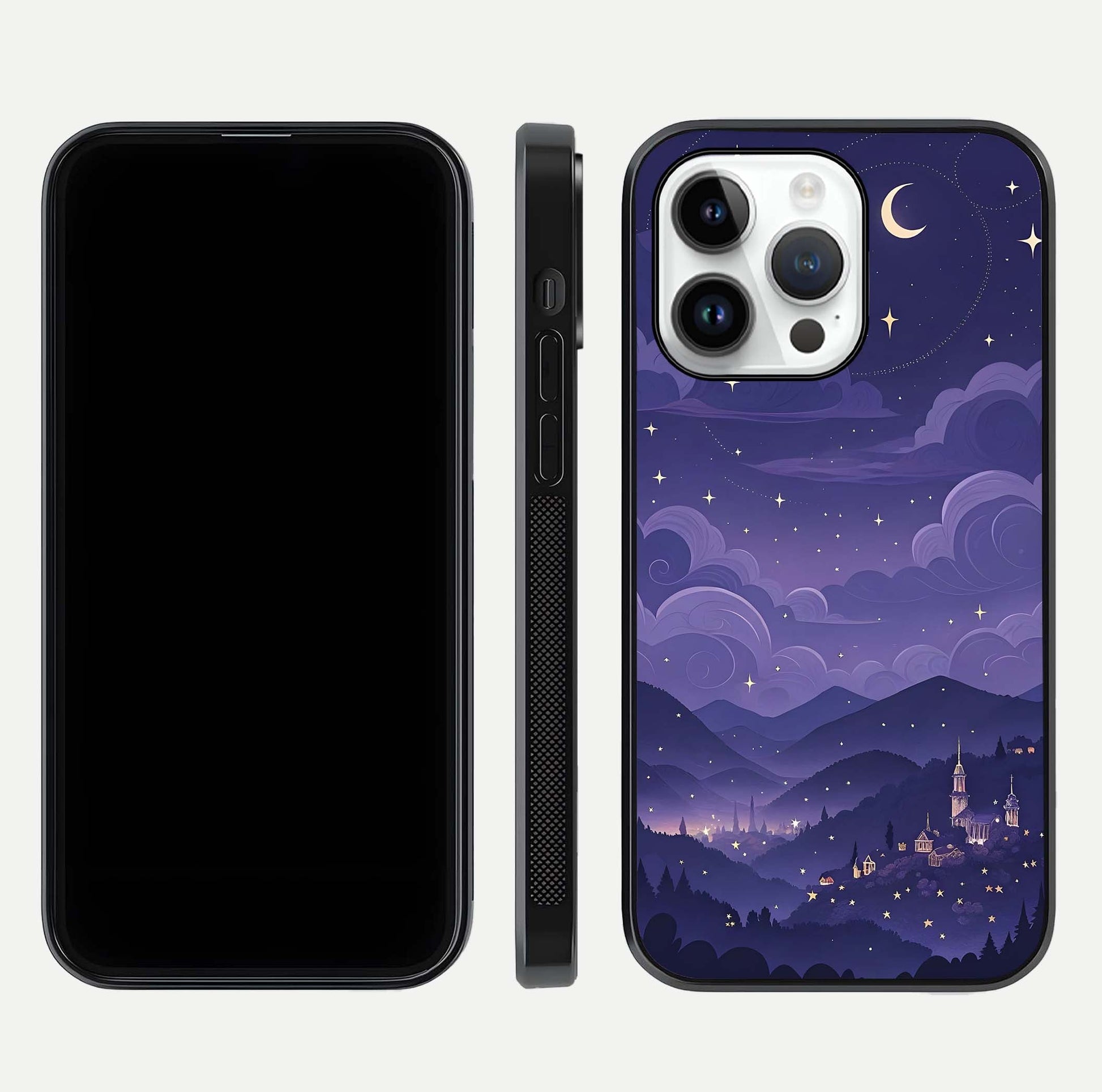 Minimal Night View Glass Case for iPhone 14 Pro front & back layout highlighting minimal night vibe and curves