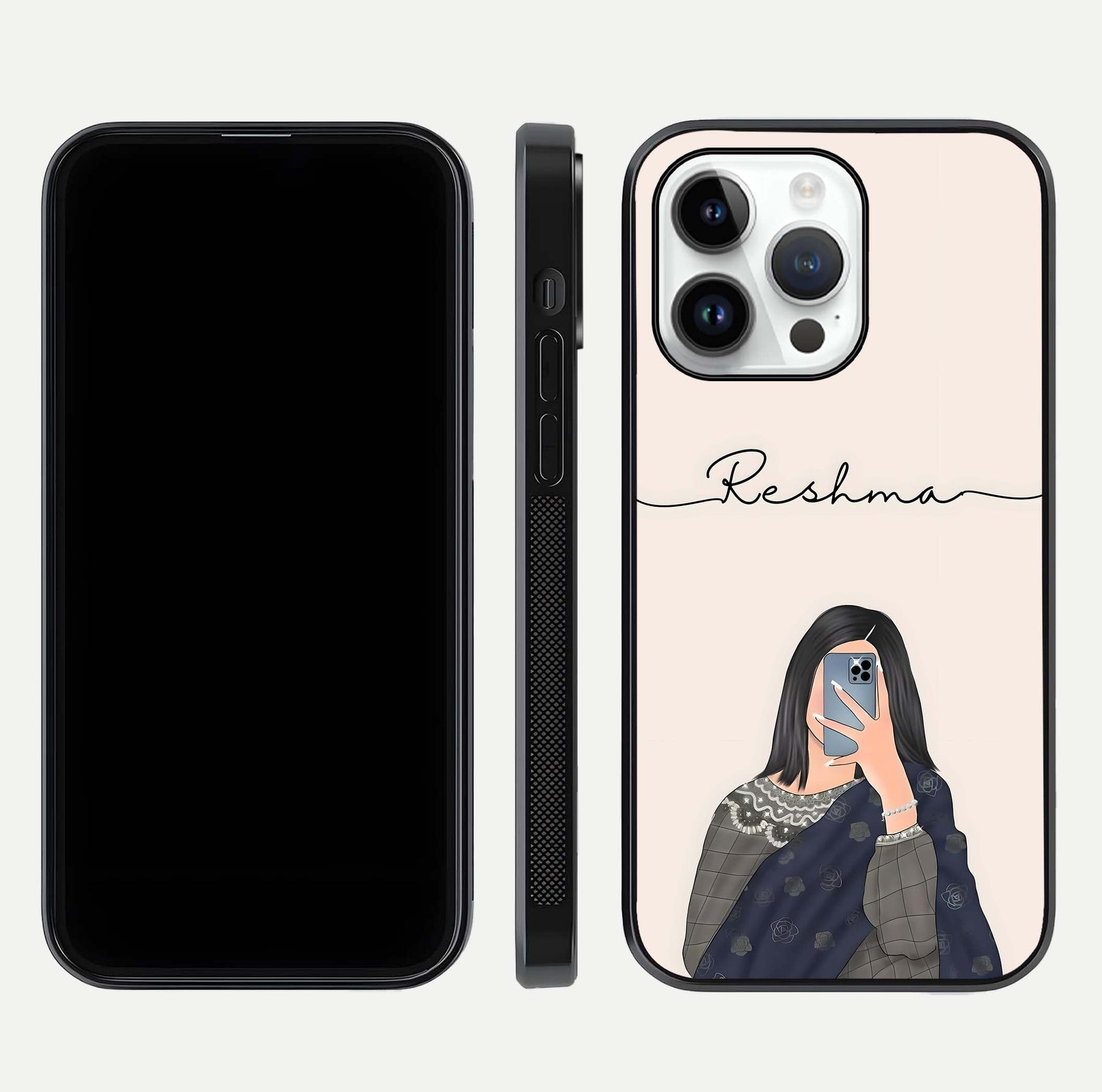 Mirror Mood Muse Custom Name Glass Case for iPhone 14 Pro front & back layout showing personalized name placement
