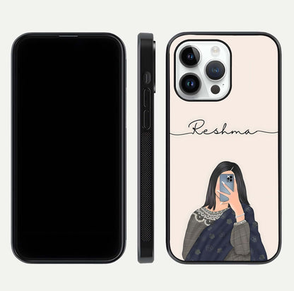 Mirror Mood Muse Custom Name Glass Case for iPhone 14 Pro front & back layout showing personalized name placement