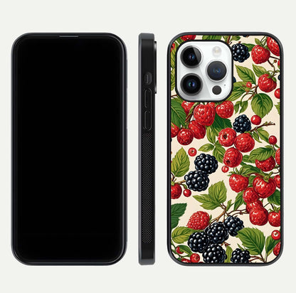 Mixed Berry Collage Glass Case for iPhone 14 Pro front & back layout highlighting colorful art and curved edges