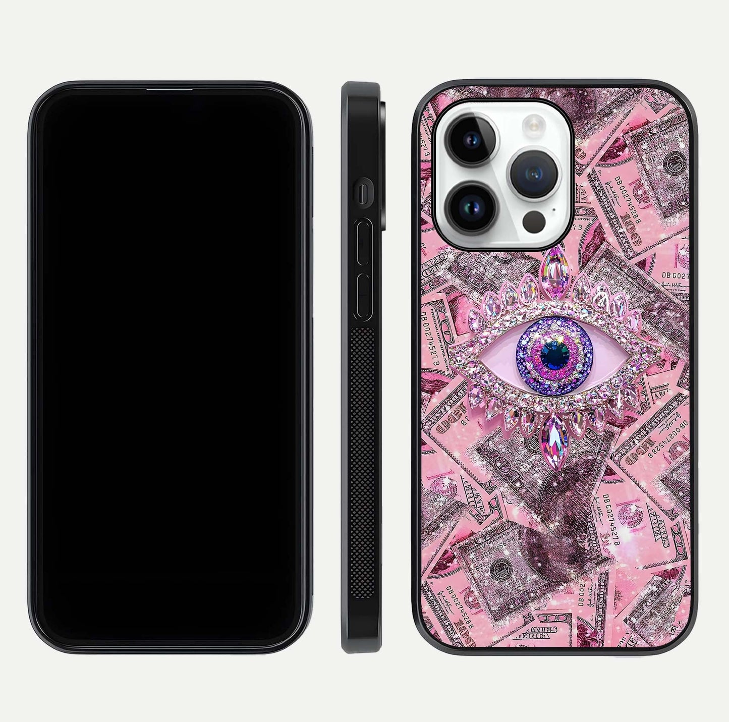 Money Eye Luxe Glass Case for iPhone 14 Pro front & back layout highlighting luxury edge design and bold art