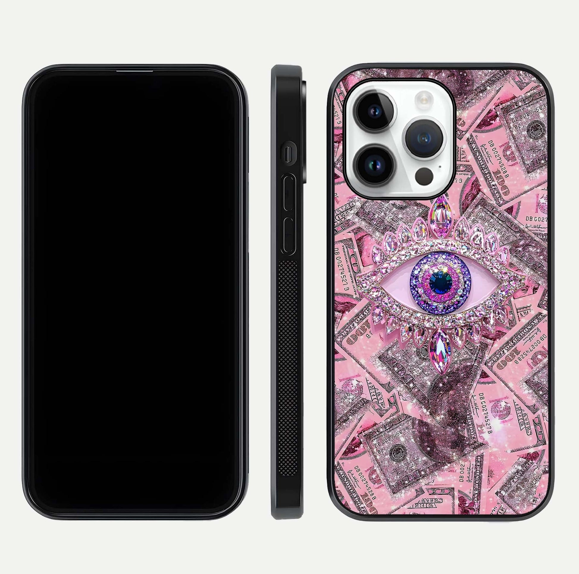 Money Eye Luxe Glass Case for iPhone 14 Pro front & back layout highlighting luxury edge design and bold art