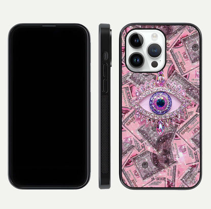 Money Eye Luxe Glass Case for iPhone 14 Pro front & back layout highlighting luxury edge design and bold art