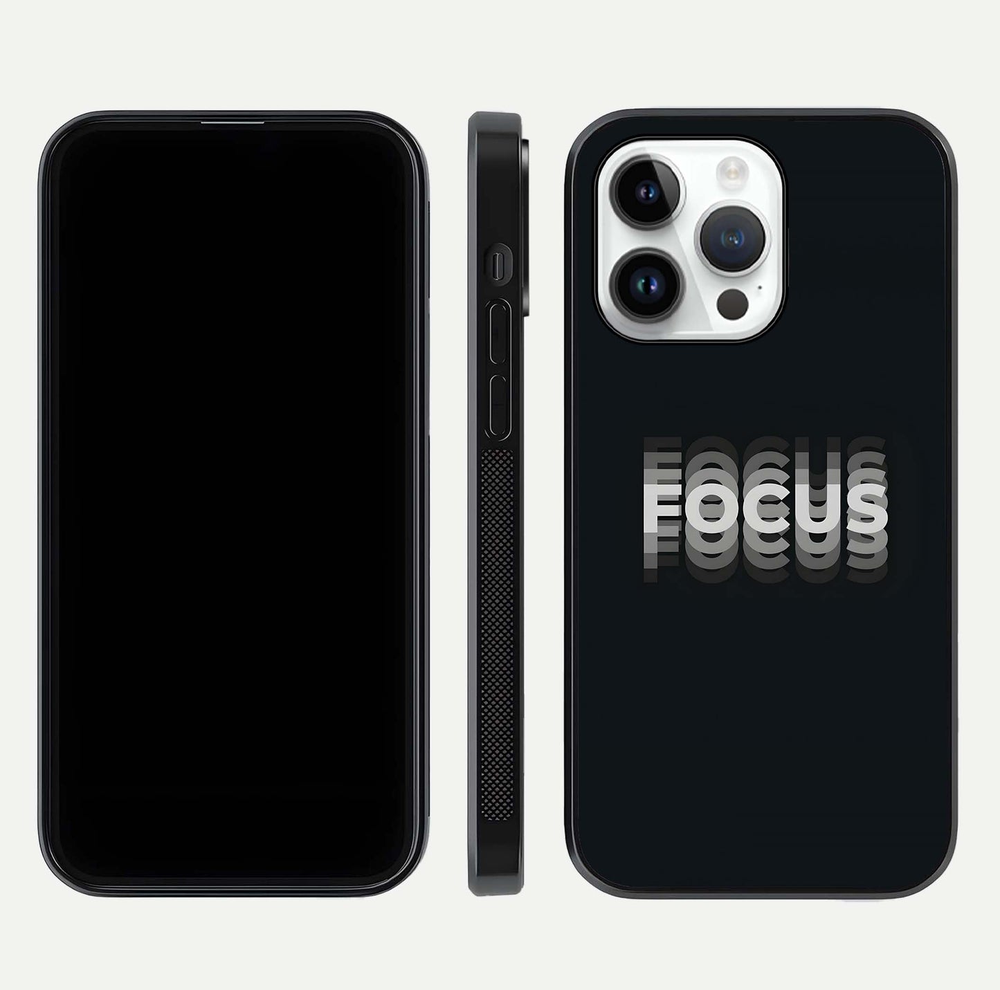 Mono Focus Vision Glass Case for iPhone 14 Pro front & back layout showing clean focus lines and curved edges
