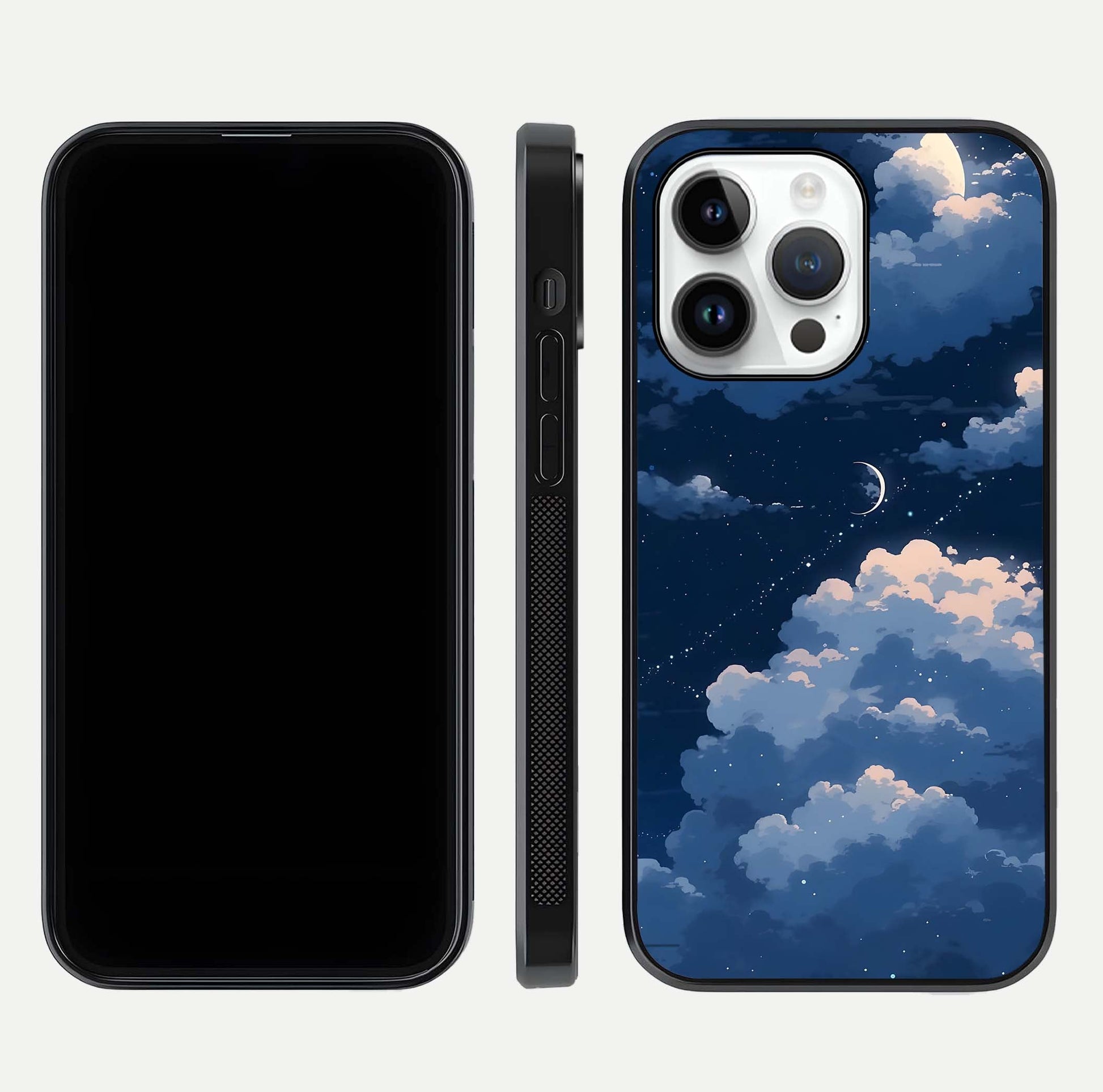 Moon Dream Haze Glass Case for iPhone 14 Pro front & back layout highlighting dreamy design and curved shape