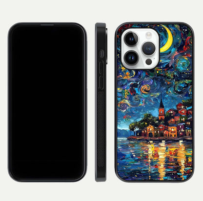 Moonlight Harbor Glow Glass Case for iPhone 14 Pro front & back layout highlighting calm harbor tones