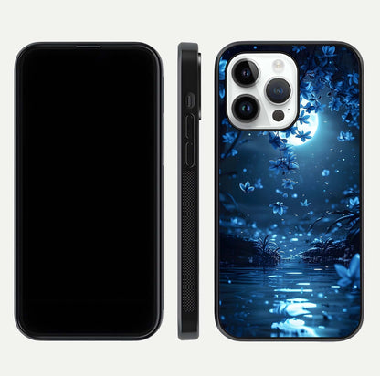Moonlight Petal Dream Glass Case for iPhone 14 Pro front & back layout highlighting soft pastel tones