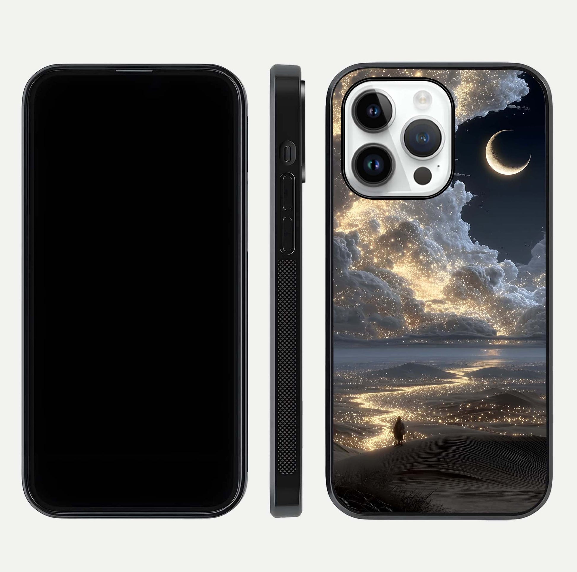 Moonlight Spark Path Glass Case for iPhone 14 Pro front & back layout highlighting calm tones and sleek edges