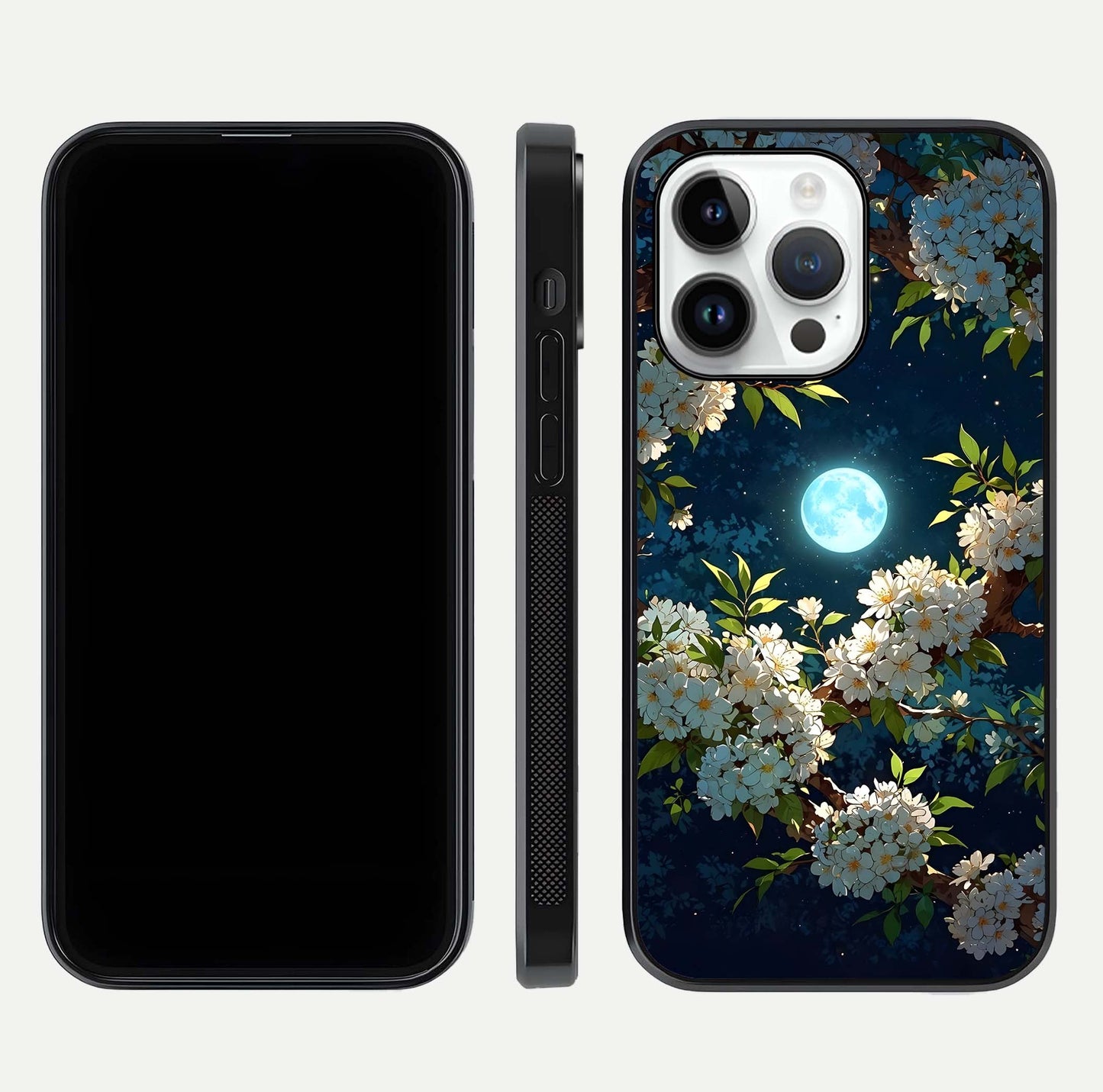 Moonlit Blossom Dream Glass Case for iPhone 14 Pro front & back layout highlighting moonlit tones and edges