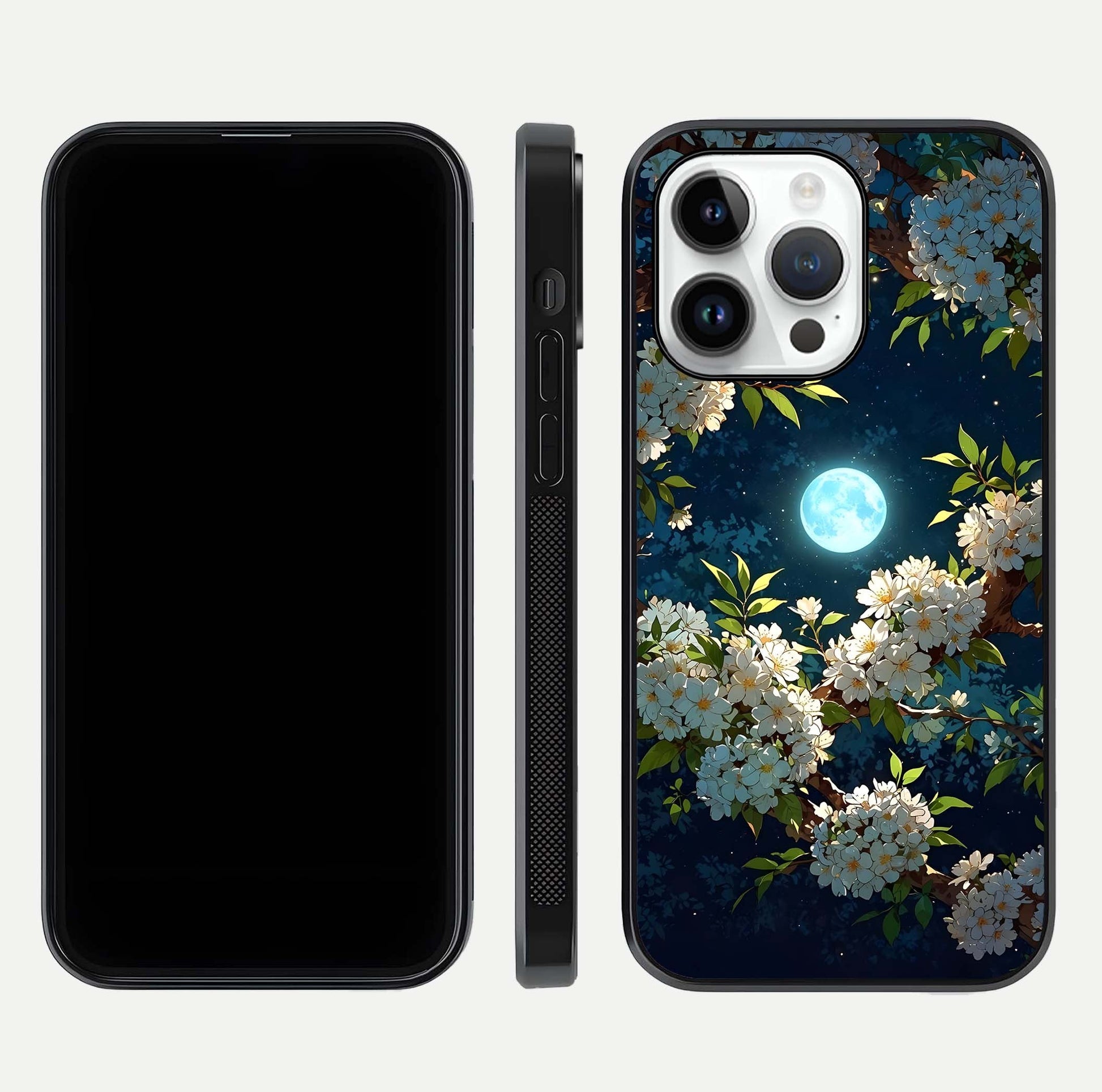 Moonlit Blossom Dream Glass Case for iPhone 14 Pro front & back layout highlighting moonlit tones and edges