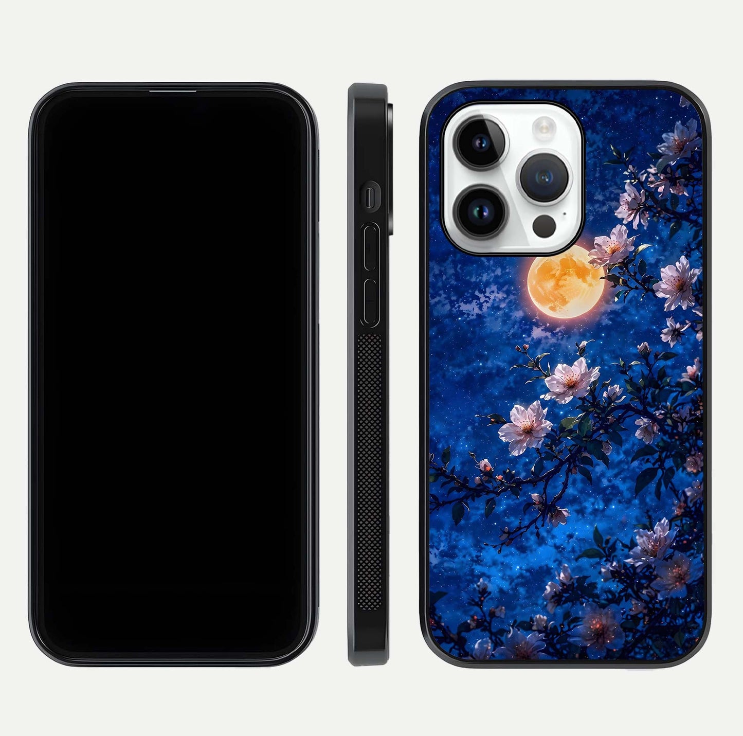 Moonlit Blossoms Night Glass Case for iPhone 14 Pro front & back layout highlighting moonlit tones and curved edges