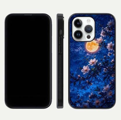 Moonlit Blossoms Night Glass Case for iPhone 14 Pro front & back layout highlighting moonlit tones and curved edges