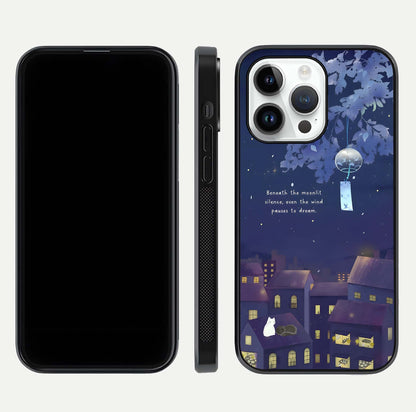 Moonlit Cat Silence Glass Case for iPhone 14 Pro front & back layout highlighting calm tones and edge detail