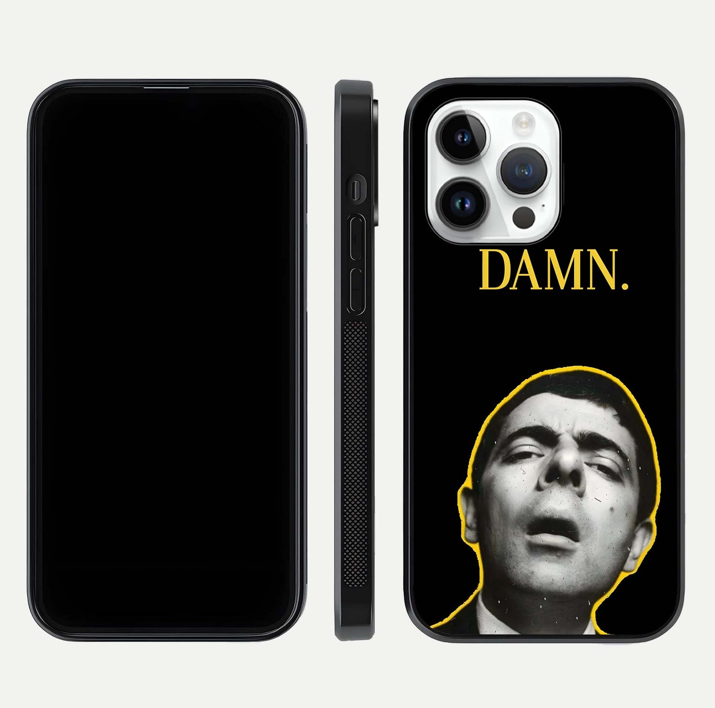 Mr Bean Damn Glass Case for iPhone 14 Pro front & back layout displaying fun artwork and curved smooth edges