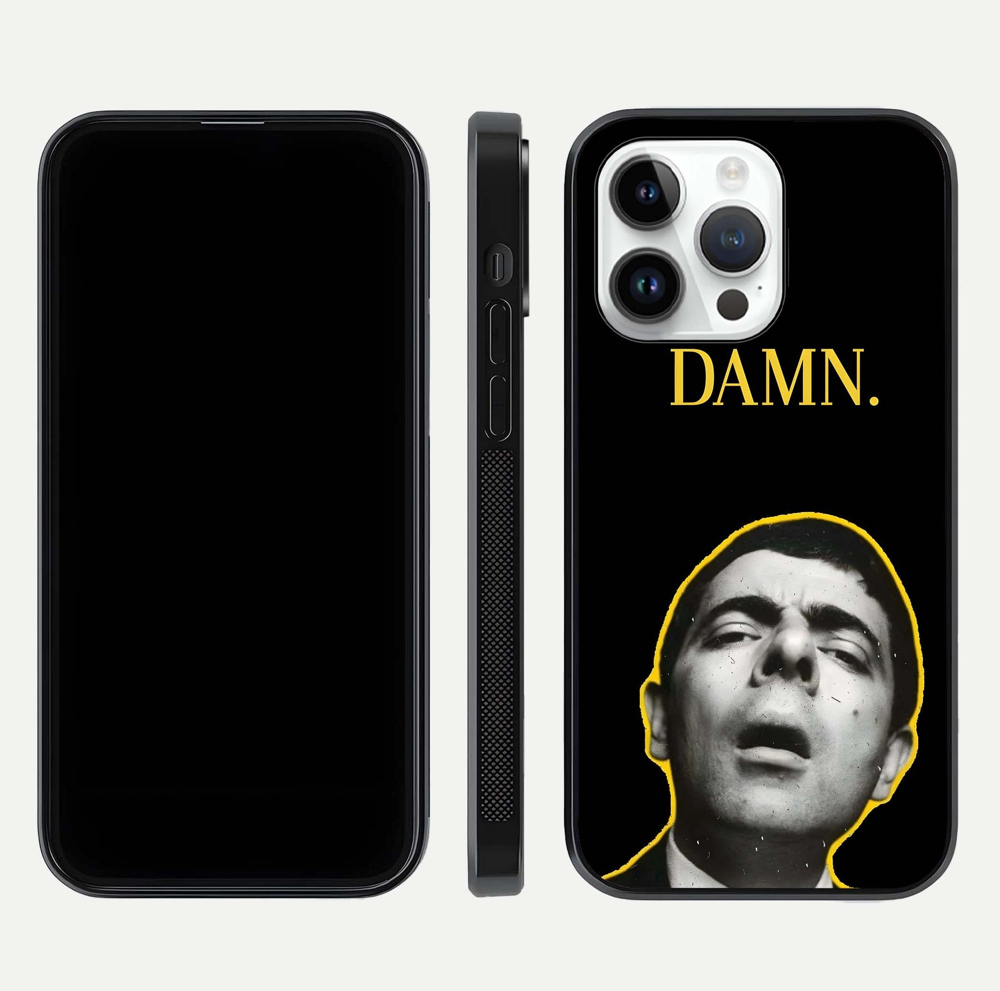 Mr Bean Damn Glass Case for iPhone 14 Pro front & back layout displaying fun artwork and curved smooth edges