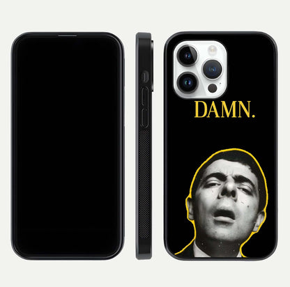 Mr Bean Damn Glass Case for iPhone 14 Pro front & back layout displaying fun artwork and curved smooth edges