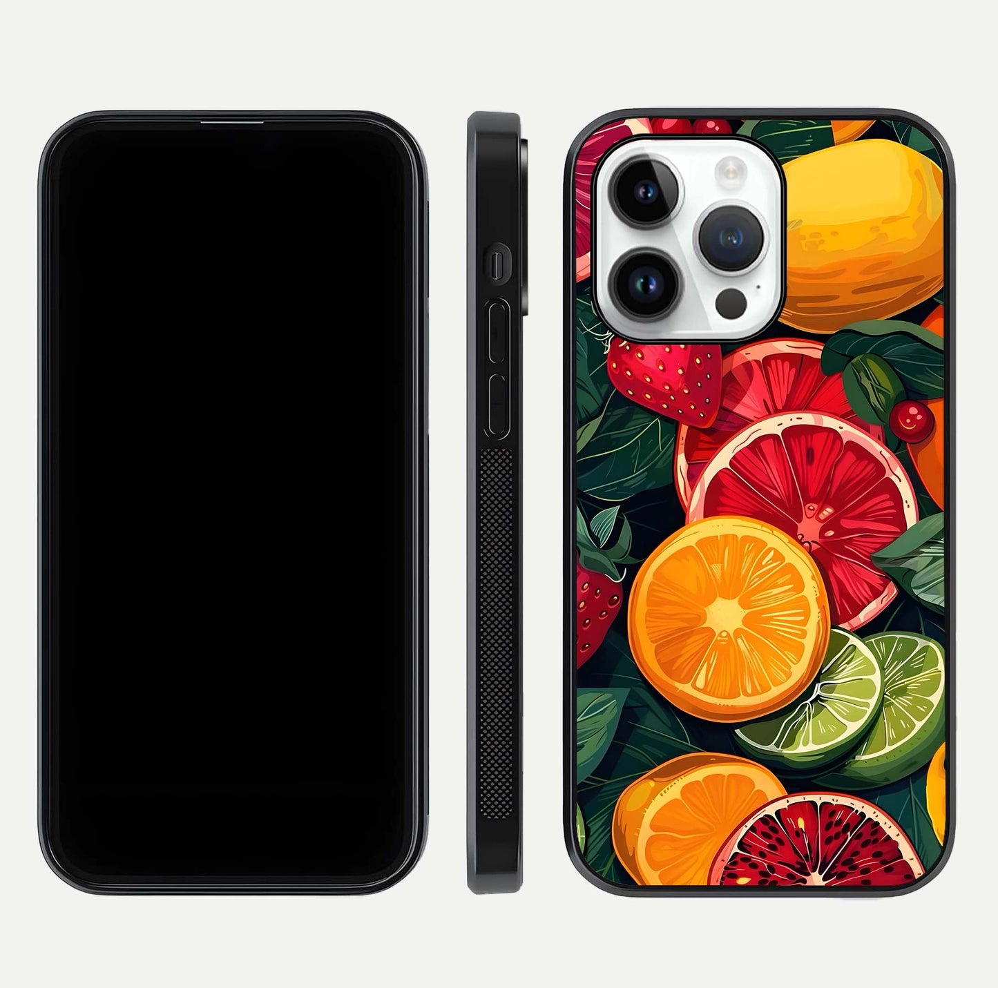 Multiple Fruits Glass Case for iPhone 14 Pro front & back layout highlighting vibrant tones and curved edges