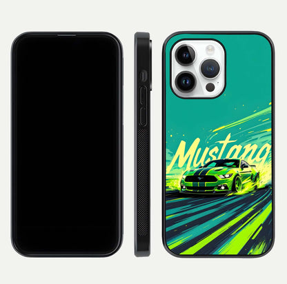 Mustang Bang Glass Case for iPhone 14 Pro front & back layout highlighting dark automotive tones and edge detail