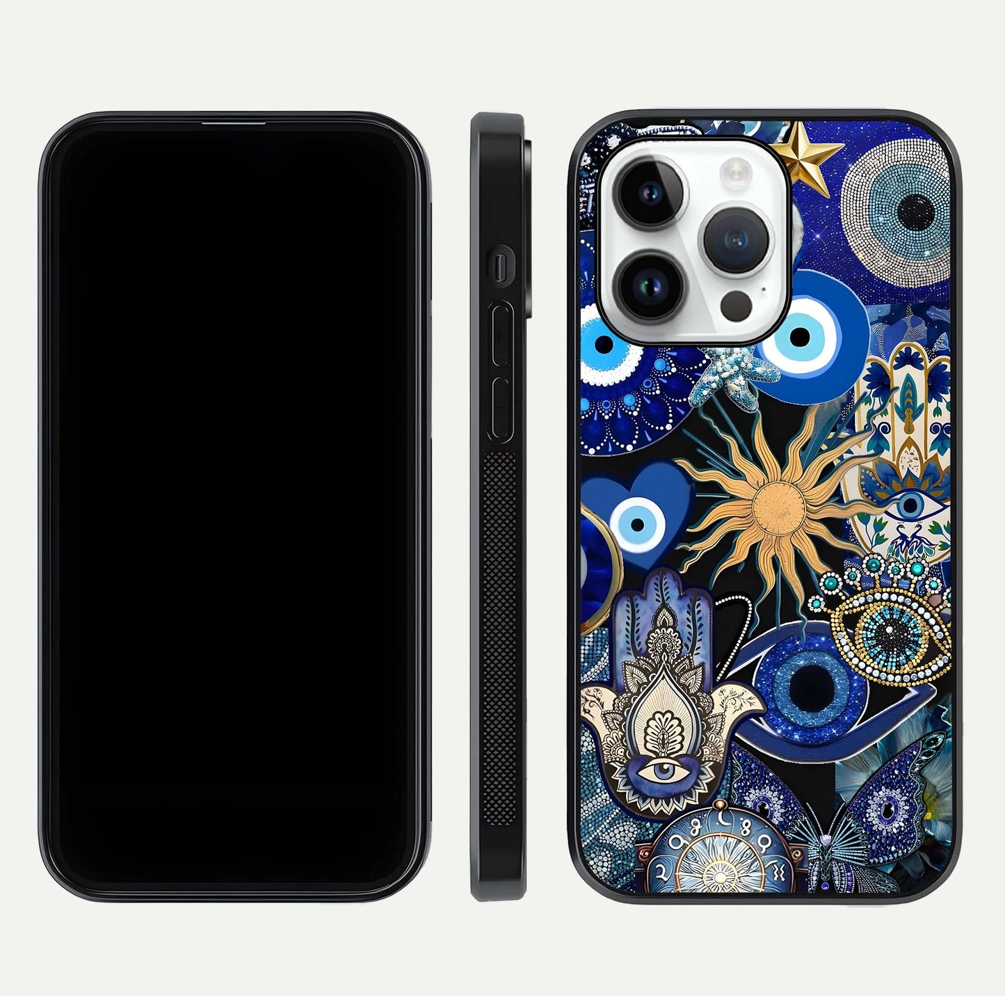 Mystic Blue Evil Eye Glass Case for iPhone 14 Pro front & back layout showing elegant tones and edge finish